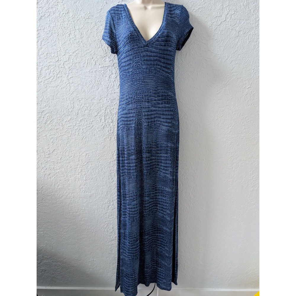 BCBGMAXAZRIA Saska Maxi Dress Womens M Rayon Blue Crocodile Print V-Neck Slit